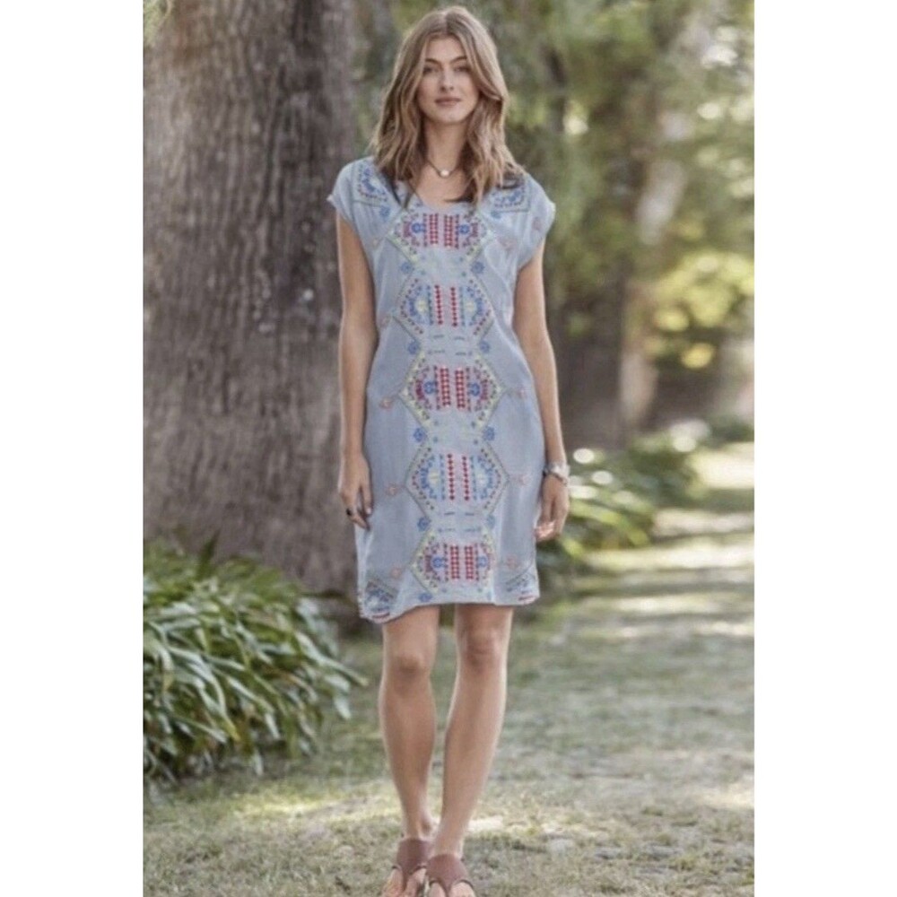 Sundance Valentina Dusky Blue Embroidered Shift Boho Dress Medium